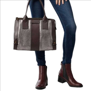 Fossil Gwen Leather Satchal in Shimery Pewter and Dark Brown